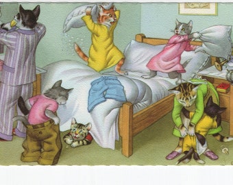 Mainzer Cats * Bedtime Pillow Fight * 4856 * Alfred Mainzer * Eugen Hartung * Belgium * Unused * Vintage Postcard * Deckle Edge