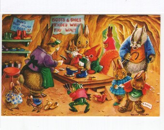 A Visit to the Cobbler * Woodland Creatures * Shoe Shop * 373 * Racey Helps * The Medici Society * Great Britain * Vintage Postcard