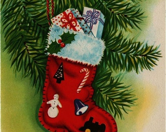 Christmas Card Stocking with Presents - Vintage Note Card