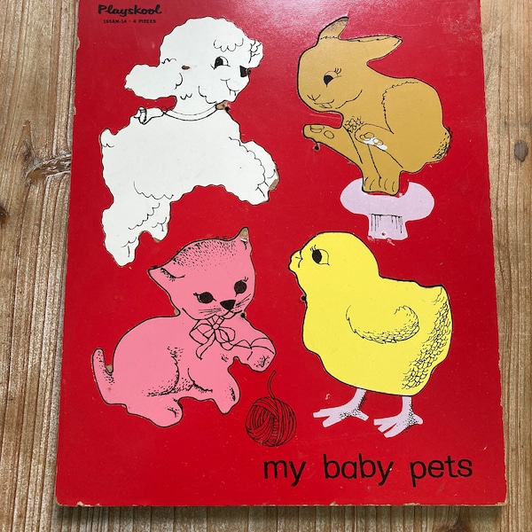 Playskool, My Baby Pets, houten frame, konijn, lam, kat, kuiken, vintage dienbladpuzzel