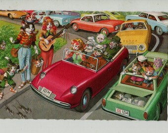 Mainzer Cats * Traveling Musicians / Traffic Jam * 4991 * Eugen Hartung * Belgium * Unused * Vintage Postcard * Deckle Edge