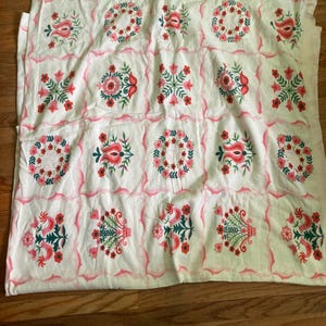 May include: White textile with a repeating pattern of pink and red floral designs. The floral motifs are framed by pink borders, creating a grid-like arrangement. The overall aesthetic is a vintage, folk-art style.