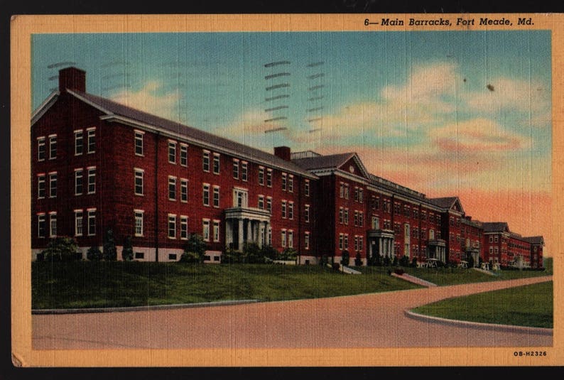 1951 Vintage Curteich Postcard Fort Meade Maryland Main Barracks