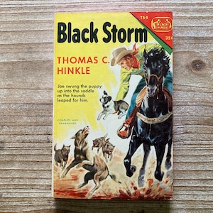 May include: Vintage paperback book titled "Black Storm" by Thomas C. Hinkle. The cover features a cowboy on a black horse, with dogs leaping. The book is yellow with black and red text. The price is 35¢.