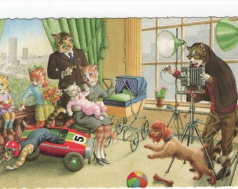 Mainzer Cats * Family Photo * 4984 * Alfred Mainzer * Eugen Hartung * Belgium * Unused * Vintage Postcard * Deckle Edge