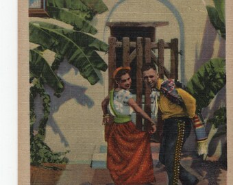 The Dance of the Sombrero * Cute Couple * Curteich * Vintage Postcard