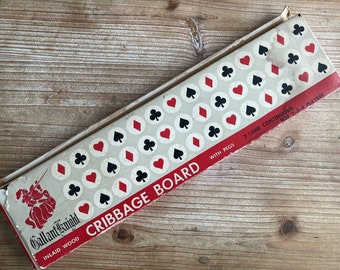 Cribbage Board * Inlaid Wood * With Pegs * 3 Lane Continuous * Gallant Knight * 1950s * Vintage Book