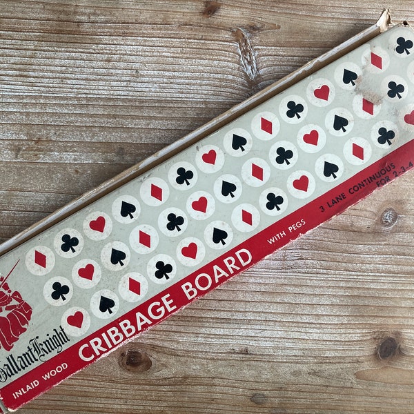 Cribbage Board * Inlaid Wood * With Pegs * 3 Lane Continuous * Gallant Knight * 1950s * Vintage Book