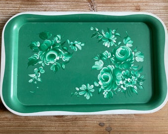 Green with White Roses * Tin Tray * 1950s * Set of 2