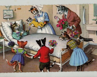 Mainzer Cats * Hospital Visit Maternity Ward * 4932 * Eugen Hartung * Belgium * Unused * Vintage Postcard * Deckle Edge
