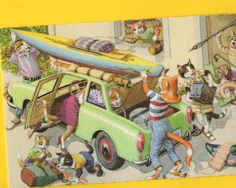 Mainzer Cats * Loading the Car For Vacation * 4977 * Alfred Mainzer * Eugen Hartung * Belgium * Unused * Vintage Postcard * Deckle Edge