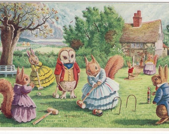 A Game of Croquet * Woodland Animals * Party * 235 * Racey Helps * The Medici Society * Great Britain * Vintage Postcard