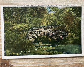 Lily Pond and Rocky Bridge * Humboldt Park * Chicago * Illinois * Linen * Vintage Postcard