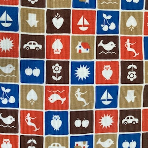 Rasterstijl, bruin, rood, blauw, geelbruin, kinderen, corduroy, BTY, vintage, 36 x 44, auto's, zeemeerminnen, walvissen, boten, uilen, huizen, kersen