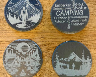 Slate coasters, round 10 cm, set of 4, camping, tenting, slate coasters, glass coasters, cup coasters