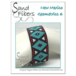 May include: A turquoise, black, white, and red beaded bracelet with a geometric pattern. The bracelet is labeled "New Mexico Geometrics 6" and "Sand Fibers".