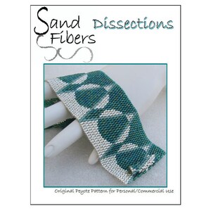 May include: A turquoise and white beaded bracelet with a geometric pattern. The bracelet is made with peyote stitch and is for personal or commercial use. The image includes the text "Sand Fibers Dissections".