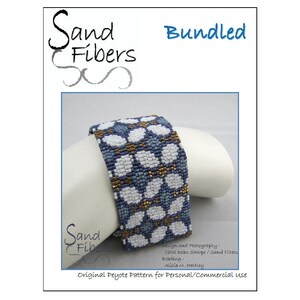 May include: A beaded bracelet with a geometric pattern in shades of blue, white, and gold. The bracelet is made with peyote stitch and is a pattern for personal or commercial use. The text "Sand Fibers" is visible in the image.