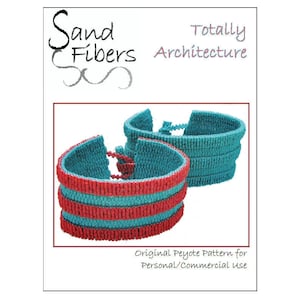 May include: Two turquoise and red beaded bracelets with the text "Sand Fibers Totally Architecture" and "Original Peyote Pattern for Personal/Commercial Use" on a white background.