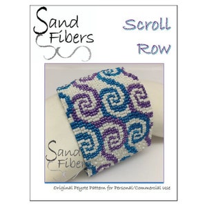 May include: A beaded bracelet with a white background and a repeating pattern of blue and purple swirls. The bracelet is labeled "Sand Fibers Scroll Row" and "Original Peyote Pattern for Personal/Commercial use".