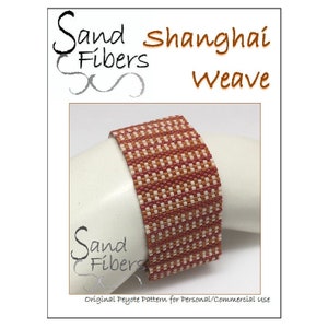 May include: A red and white beaded bracelet with a "Shanghai Weave" pattern. The bracelet is made with peyote stitch and is shown on a white mannequin arm. The image includes the text "Sand Fibers".