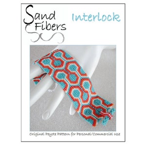 May include: A turquoise, orange, and white beaded bracelet with a geometric pattern. The bracelet is made using peyote stitch and is on a white mannequin hand. The text "Sand Fibers Interlock" is at the top of the image. The text "Original Peyote Pattern for Personal/Commercial Use" is at the bottom of the image.