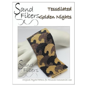 May include: A beaded bracelet with a tessellated pattern in gold, black, and purple. The bracelet is called "Golden Nights" and is a design by Sand Fibers.
