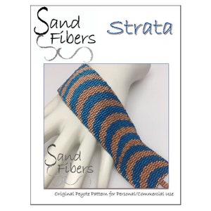 May include: A blue and copper beaded bracelet with a wavy pattern, titled "Strata" by Sand Fibers. Original Peyote Pattern for Personal/Commercial Use.