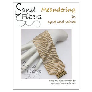 May include: A gold and white peyote stitch bracelet with a geometric pattern. The bracelet is on a white hand model. The image includes the text "Sand Fibers Meandering in Gold and White" and "Original Peyote Pattern for Personal/Commercial use".