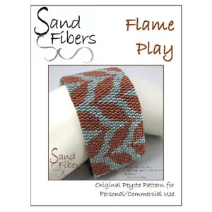 May include: A close-up of a beaded bracelet with a geometric pattern in shades of copper and silver. The bracelet is on a white surface. The text "Sand Fibers" and "Flame Play" is visible in the image. The text "Original Peyote Pattern for Personal/Commercial Use" is also visible.