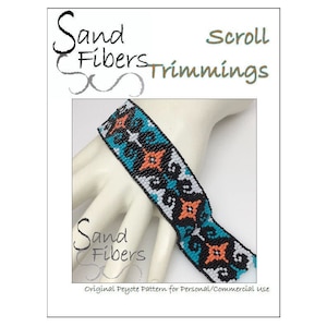 May include: A beaded bracelet with a black, white, turquoise and orange geometric pattern. The bracelet is on a hand, and the text "Sand Fibers Trimmings" is at the top of the image. The text "Original Peyote Pattern for Personal/Commercial use" is at the bottom of the image.