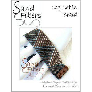 May include: A turquoise and brown beaded bracelet with a geometric pattern. The bracelet is called "Log Cabin Braid" and is an original peyote pattern for personal or commercial use.