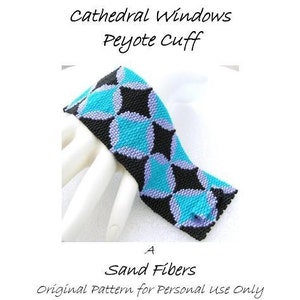 May include: A turquoise, black, and lavender peyote stitch cuff bracelet with a geometric pattern. The bracelet is called "Cathedral Windows Peyote Cuff" and is an original pattern by Sand Fibers.