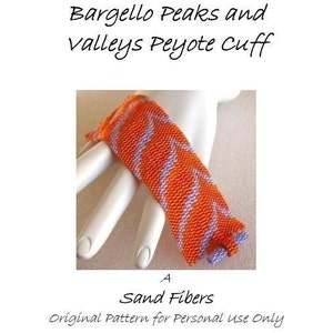 May include: Orange and purple beaded bracelet with a bargello pattern. The bracelet is called "Bargello Peaks and Valleys Peyote Cuff" and is designed by "Sand Fibers".