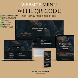 Szablon Canva Menu Restauracji z Kodem QR, Edytowalny Projekt Menu Witryny, Natychmiastowe Pobranie