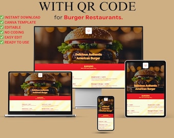 Burger Restaurant Website Menu with QR Code Canva Template (Instant Download, Editable Design)