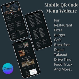 Menú de código QR móvil para restaurante, pizza, hamburguesa, cafetería, escaneable por teléfono, plantilla de sitio web de Canva para restaurante, plantilla de sitio web editable
