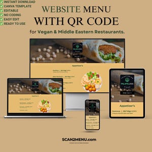May include: A website menu template with a QR code, designed for vegan and Middle Eastern restaurants. The design is displayed on a laptop, desktop, tablet, and smartphone. The text includes "Website Menu With QR Code" and "SCAN2MENU.com".