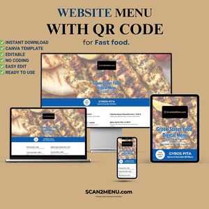 Könnte beinhalten: Ein digitales Menüdesign für Fast Food, das auf verschiedenen Geräten angezeigt wird. Das Menü zeigt ein griechisches Streetfood-Thema mit dem Text "WEBSITE MENU WITH QR CODE" und "Greek Street Food Digital Menu". Die Website-Adresse lautet SCAN2MENU.com.