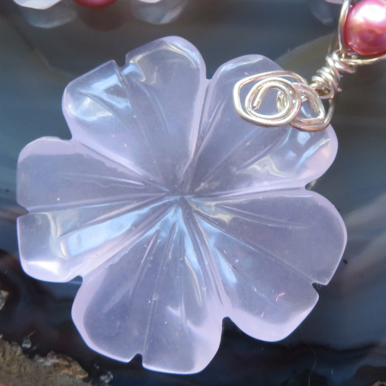 Rose Quartz Freshwater Pearls Crystal Necklace in Sterling Silver with Carved Rose Quartz Flower