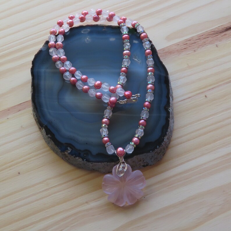 Rose Quartz Freshwater Pearls Crystal Necklace in Sterling Silver with Carved Rose Quartz Flower