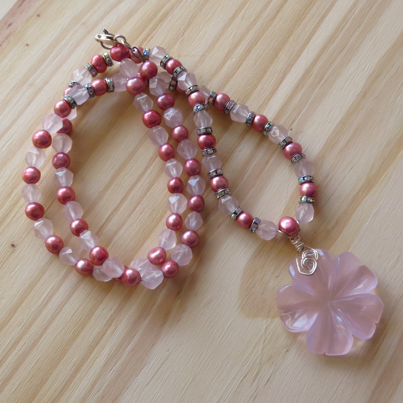 Rose Quartz Freshwater Pearls Crystal Necklace in Sterling Silver with Carved Rose Quartz Flower