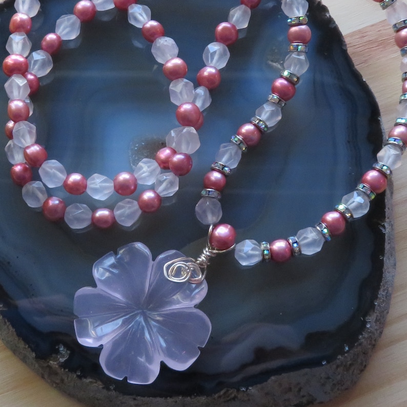 Rose Quartz Freshwater Pearls Crystal Necklace in Sterling Silver with Carved Rose Quartz Flower