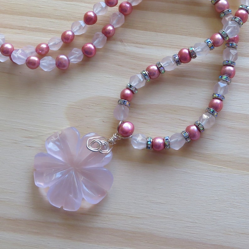 Rose Quartz Freshwater Pearls Crystal Necklace in Sterling Silver with Carved Rose Quartz Flower