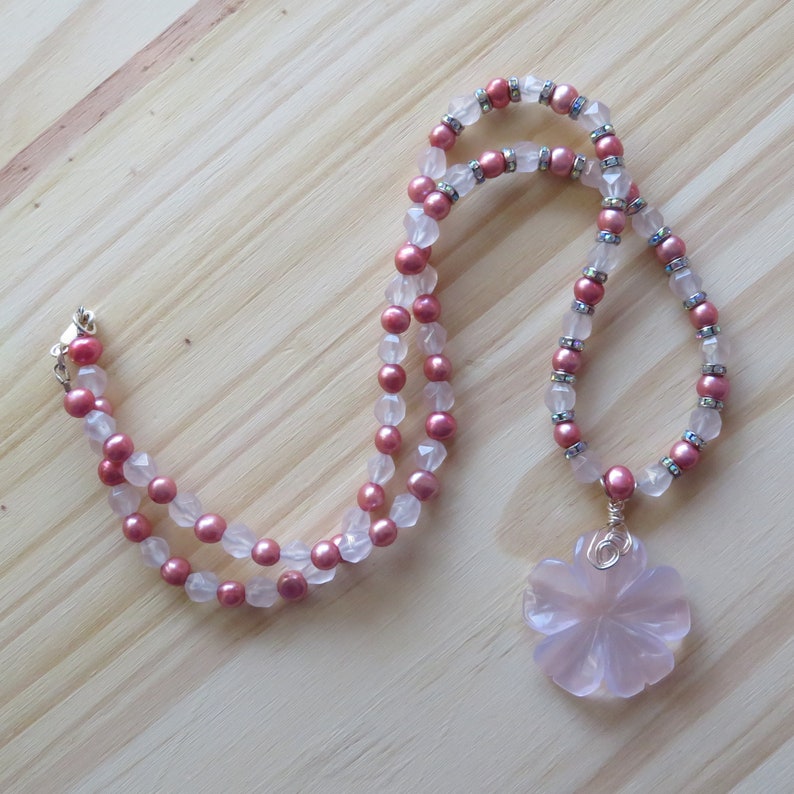 Rose Quartz Freshwater Pearls Crystal Necklace in Sterling Silver with Carved Rose Quartz Flower