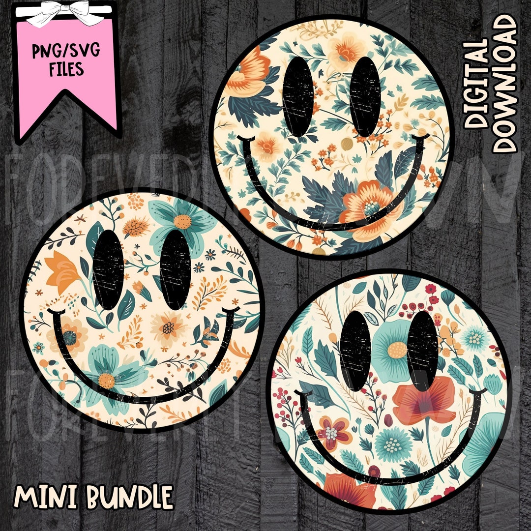 Retro Floral Smiley Face PNG SVG Bundle, Boho Distressed Design ...