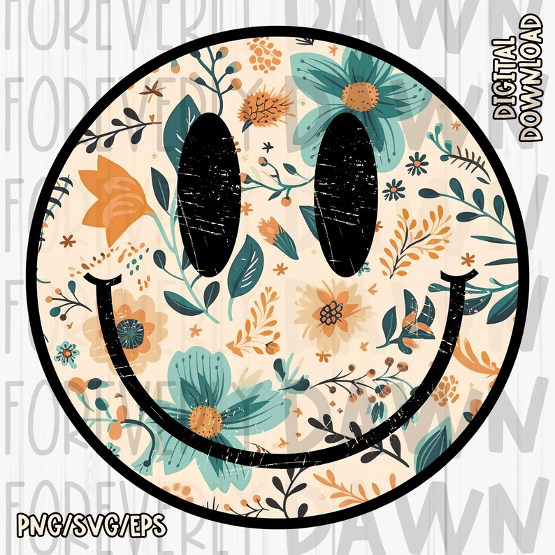 Rustic Smiley Face Retro Floral Smiley Face PNG SVG Bundle, Boho Distressed Design ...