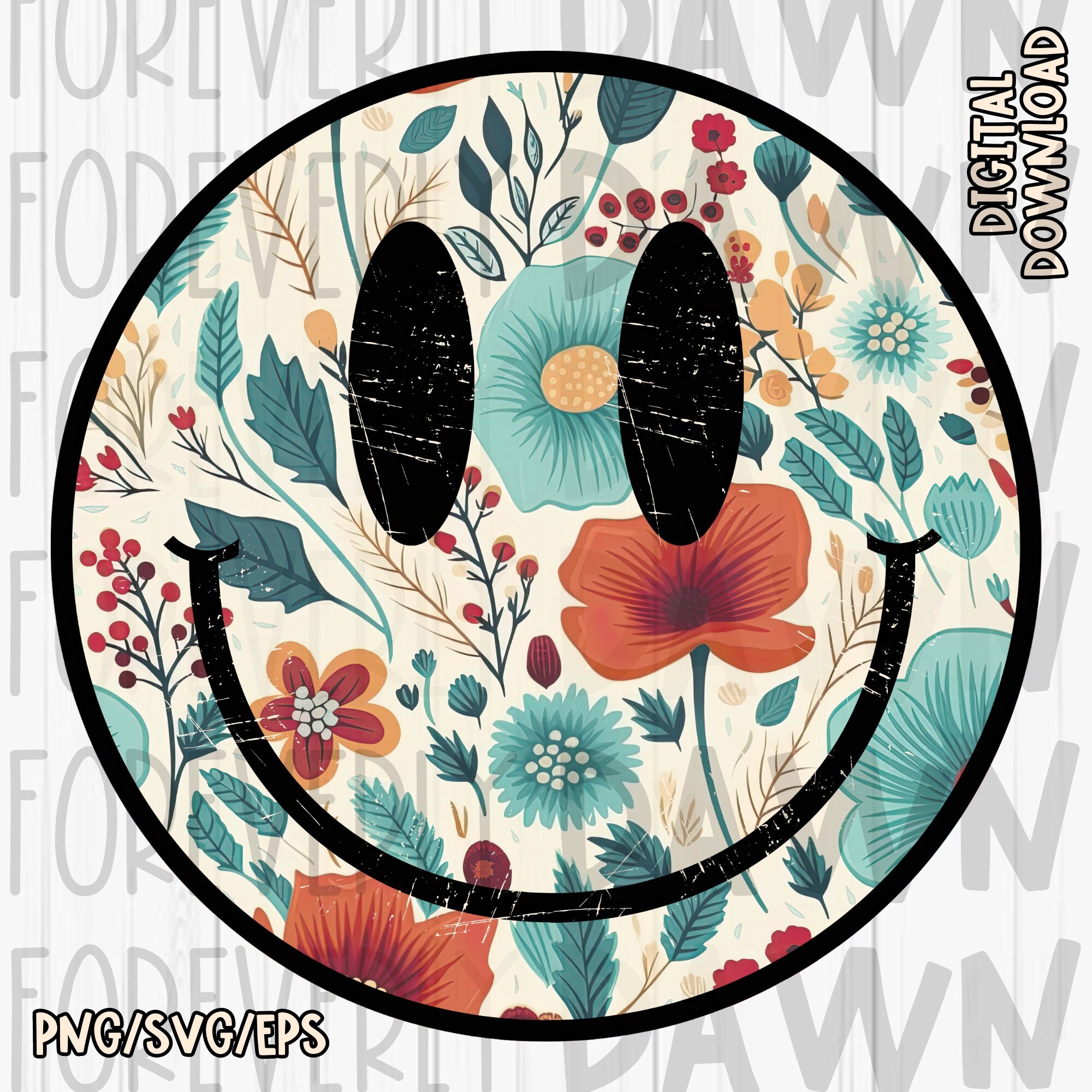 Rustic Smiley Face Retro Floral Smiley Face PNG SVG Bundle, Boho Distressed Design ...