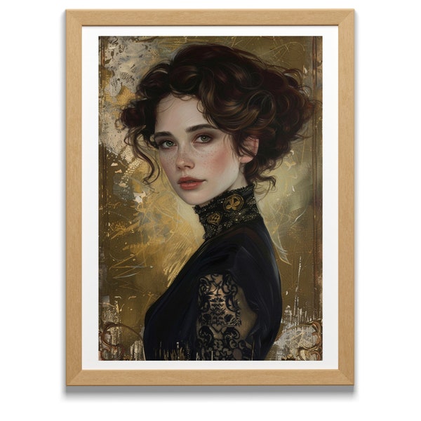 Art Painting for Art Lovers gift, Elegant Woman Artful oil painting, Gold and Black, Vintage Portrait Digital Download