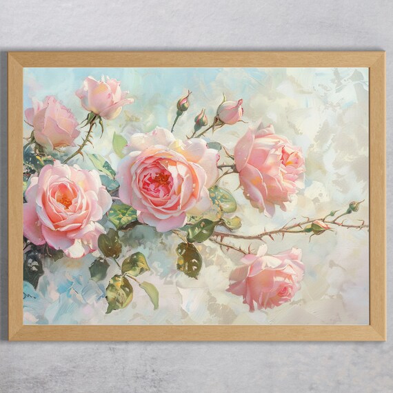 Vintage Pink Rose Painting Wall Art - Cottagecore Coquette Botanical Print For Bedroom, Living Room - View #9